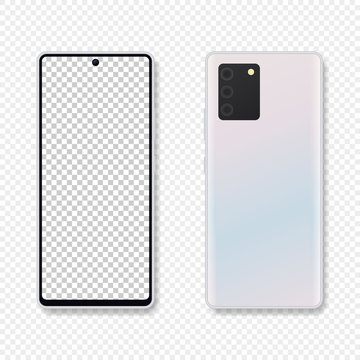 Realistic smartphone mockup vector. Blank smartphone in front and back view. Smartphone mockup isolated on transparent background. Realistic vector illustration.