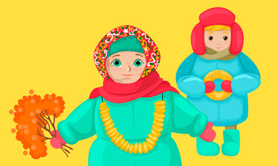 Russian small children in folk clothes. Vcetor drawing characters