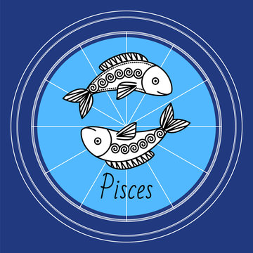 Pisces negative mutable zodiac sign with sketch of two fish in circle. Astrological element for people born in february and march. Isolated decorative icon for horoscopes and predictions vector