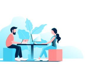 Young modern man and woman work in the office at the computer. Vector illustration.