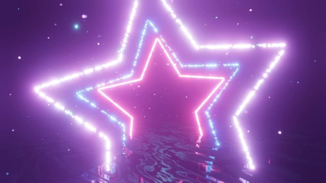 Abstract neon light stars. Appear and disappear stars background with glitter. Abstract ultraviolet 4K background.