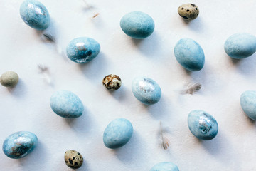 Group ombre blue Easter eggs isolated on white background. Dyed Easter eggs.Compositions in pastel colors. Easter consept. Flat lay, top view. Copy space
