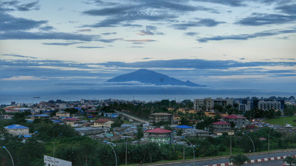 Mount Victoria of Cameroon seen from Malabo.  Against Sky During Sunset in Malabo, Equatorial Guinea.