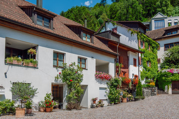 Fototapeta na wymiar Cobblestone street and houses decorated with flowers and ivy in capital of Liechtenstein city of Vaduz at sunny summer day.