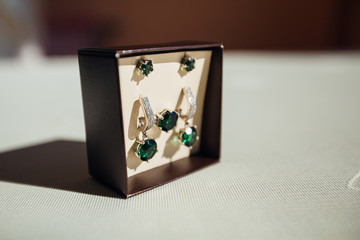 earrings and a ring of precious metal and precious stones in the