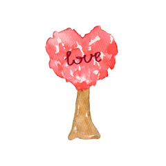 Watercolor illustration of a pink tree with the inscription LOVE. Hand-drawn and suitable for all types of design and printing.