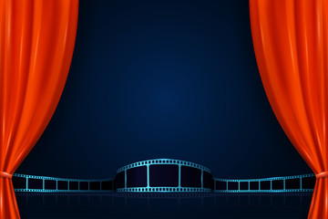 Realistic red curtains with film strip. Cinema movie background. Open curtains as template movie presentation, advertising or film award announcement. 3D style. Premiere festival or event design.