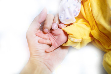 Baby Hand on Hand, Mother uses her hand to hold her baby's tiny hand to make him feeling her love, warm and secure.