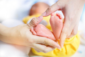 Baby feet in mother hands - hearth shape, Baby feet in mother hands. Mom and her Child. Happy...