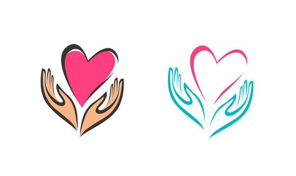 Hands holding heart symbol. Company logo or icon. Abstract vector illustration