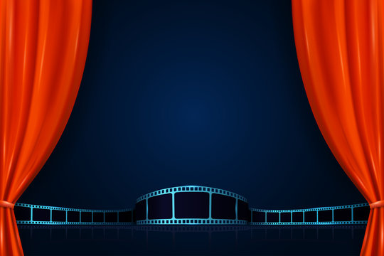 Realistic red curtains with film strip. Cinema movie background. Open curtains as template movie presentation, advertising or film award announcement. 3D style. Premiere festival or event design.