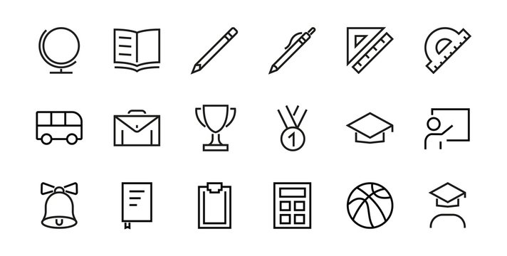 A simple set of school items. Contains icons such as student, award, geography, physical education, geometry and more. On white background. Editable stroke. 480x480