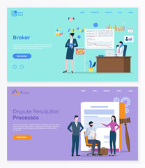 Broker collaboration, dispute resolution processes app slider. Workers characters solving rights problem and making deals online, web marketing vector. App slider template, landing page flat style