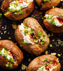 Baked potatoes filling with cream cheese and green onions seasoned with freshly ground black pepper and sea salt f