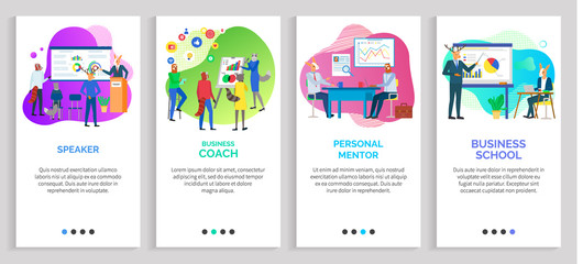 Business coach vector, professional mentor person teaching student details giving info on subjects, koala and sloth hipster animals businessman. Website or slider app, landing page flat style