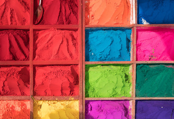 Fototapeta Color Powder stalls full of Colours for Holi ready for the popular ancient Hindu festival celebration, Kathmandu, Nepal. obraz