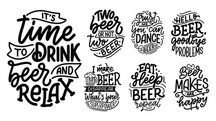 Set with lettering quotes about beer in vintage style. Calligraphic posters for t shirt print. Hand Drawn slogans for pub or bar menu design. Vector