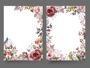 Set red watercolor roses in a vertical orientation frame on a white isolated background. Bright flowers, leaves, for wedding greetings, Wallpaper, fashion, background, texture, packaging. Vector