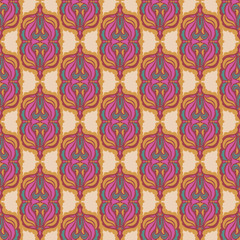 Old indian arabesque paisley buta leaf seamless vector pattern. Ornate spice color marsala red blush middle eastern style background. Vintage ethnic decorative floral foulard medallion all over print