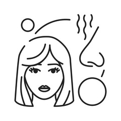 Early pregnancy symptoms increased sense of smell black line icon. Pregnant blond woman concept. Motherhood and healthcare. Sign for web page, mobile app, banner, social media. Editable stroke.