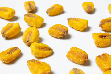 Roasted corn nuts on white background