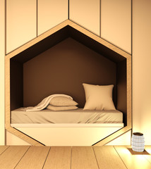 Hexagon bed shelf, Bedroom japanese style with plants and lamp decoration on wooden floor.3D rednering