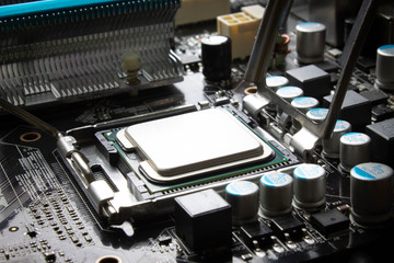 Computer motherboard sockets close up