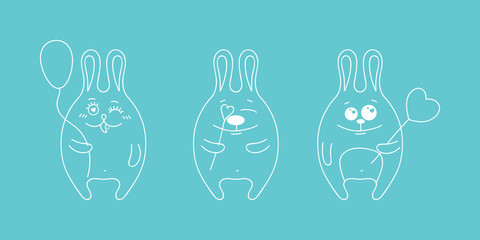 Obraz premium Illustration for valentines day. Set of rabbits in love. Circuit. Blue background. Vector illustration.