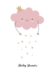 Obraz premium Lovely Baby Shower Vector Illustration. Pink Smiling Cloud with Dropping Hearts Isolated on a White Background. Funny Nursery Art ideal for Card, Invitation, Wall Art, Poster, Baby Girl Party.