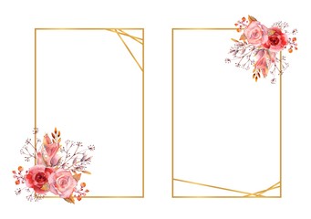 2 rectangular gold frames with a composition of pink watercolor roses on a white isolated background. For greetings, Wallpaper, fashion, background, texture, packaging.