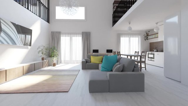 animation repair in a modern two-level apartment in the Scandinavian style. spacious interior of living room combined with kitchen-dining room.