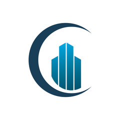 blue circle moon city building chart logo design