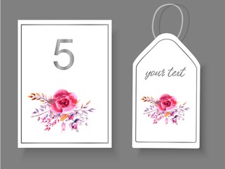 Postcards with a floral arrangement of roses, twigs, leaves on an isolated white background for decorating wedding paraphernalia. Vector