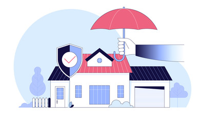 family with umbrella and house