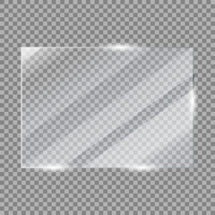 Glass plate frame. Realistic glossy window glass with plexiglass or acrylic light reflections isolated on transparent background. Vector illustration