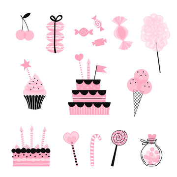 Candy Pink party sweets props isolated on white background. Sweet objects vector clip-art set in simple linear style with transparent overlapping shapes. Cherry, candy cotton, cup cake, lollipop, ice