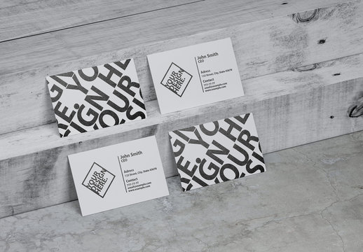 Four White Business Cards Mockup on White Wooden Stair