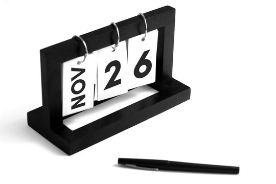 November 26th calendar icon. Day 26 of month. Office background.