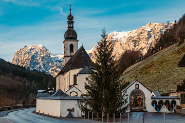 Beautiful church with mountains in the background at Ramsau, Berchtesgaden, Bavaria, Germany