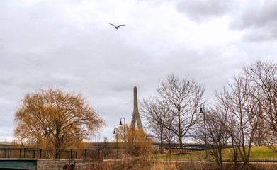 Leonard P. Zakim Bunker Hill Memorial Bridge in downtown Boston, Massachusetts, view from North Point Park.