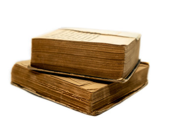 Antique old books isolated on white background. Selective focus