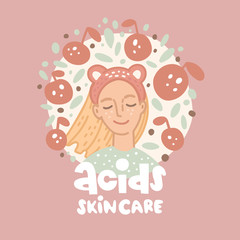 Vector hand drawn illustration. Girl and the inscription. Aсids skin care lettering. Dermatology and cosmetology, AHA and BHA products, exfoliating acid in skincare routine. Clean healthy skin, peelin