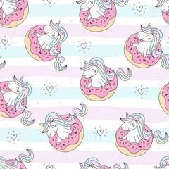 Seamless pattern with unicorn and donuts. Wrapping paper or fabric. Texture for menu, booklet, banner, website. Vector illustration. Cute summer print