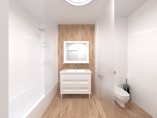 modern bathroom interior in the Scandinavian style combined with a toilet. combination of white and wooden surfaces