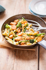 Chicken with dumplings, mushrooms, green beans, onions and carrots