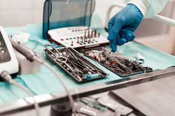 Dentist tools. Dentist workplace equipment set. Health and medicine. Close-up