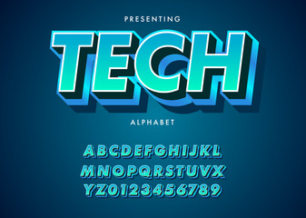 Modern Techno style font effect. Set of vibrant gradient alphabet and number