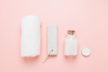 Spa and personal care objects on a very soft pink background. Copy space design