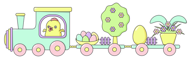 Happy Easter train with a cute chicken, a spring tree in flowers, painted bright eggs, a rabbit hiding behind a flower pot in pastel colors. Horizontal holiday vector banner in flat cartoon style.