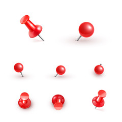 Realistic vector plastic glossy red push pins at various angles set needle.